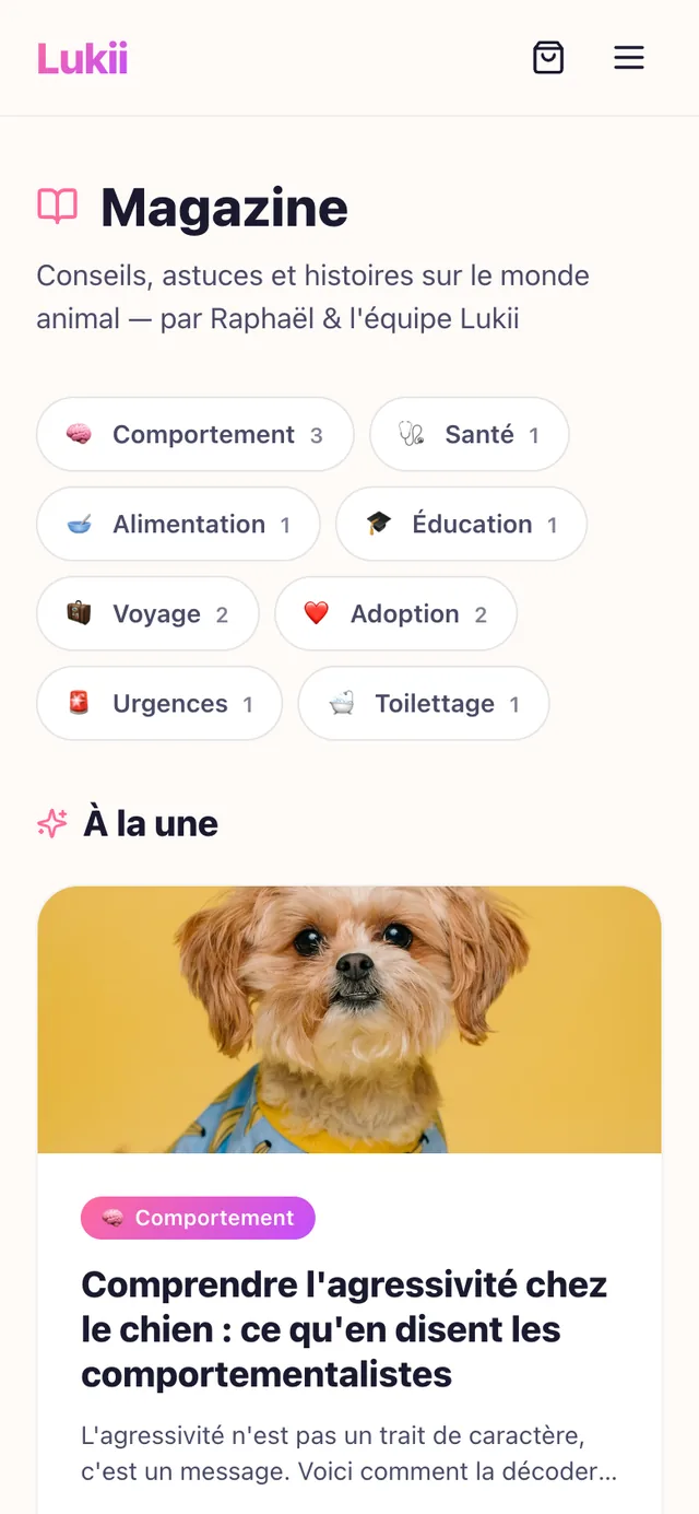Le magazine de l'application Lukii, avec un article sur le comportement du chien