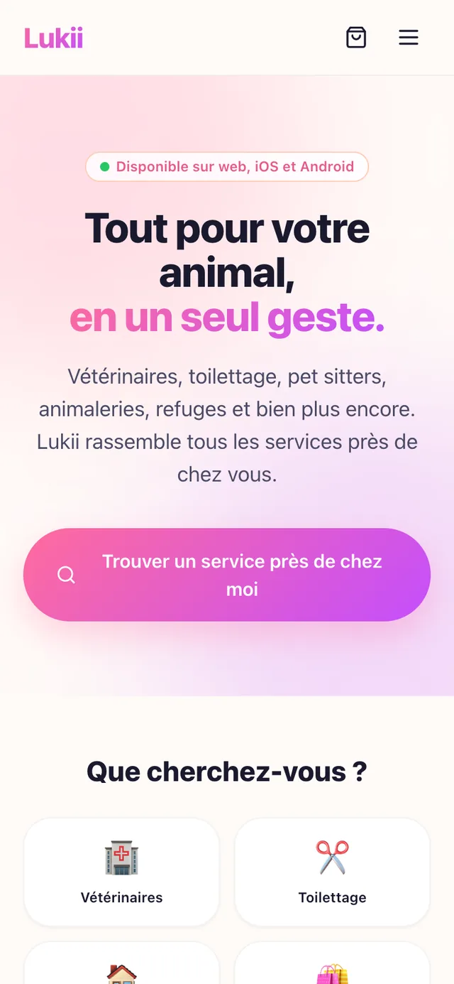 Écran d'accueil de l'application Lukii : « Tout pour votre animal, en un seul geste »